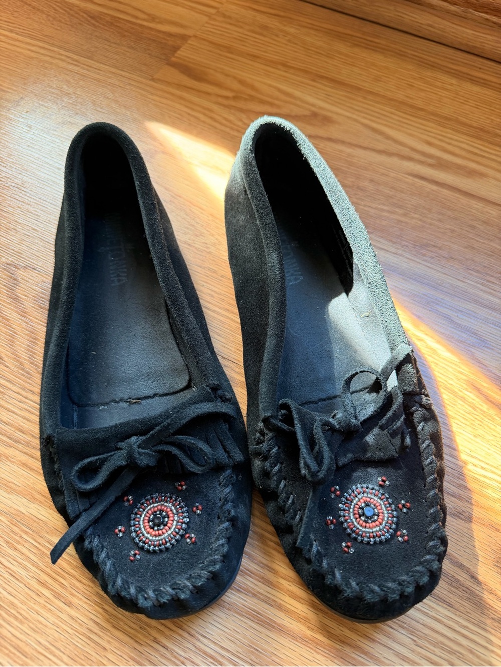 Minnetonka Black Suede Beaded Moccasin Flats